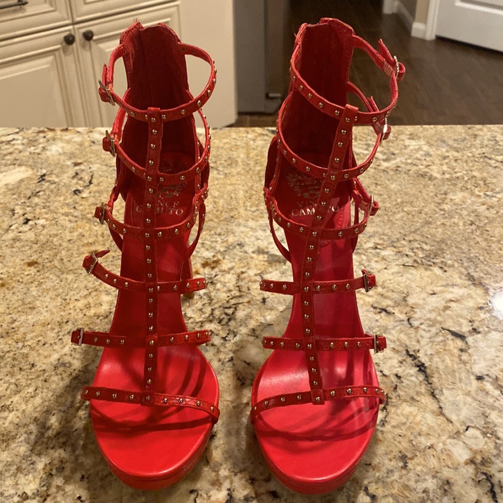 Cherry red high heeled sandals